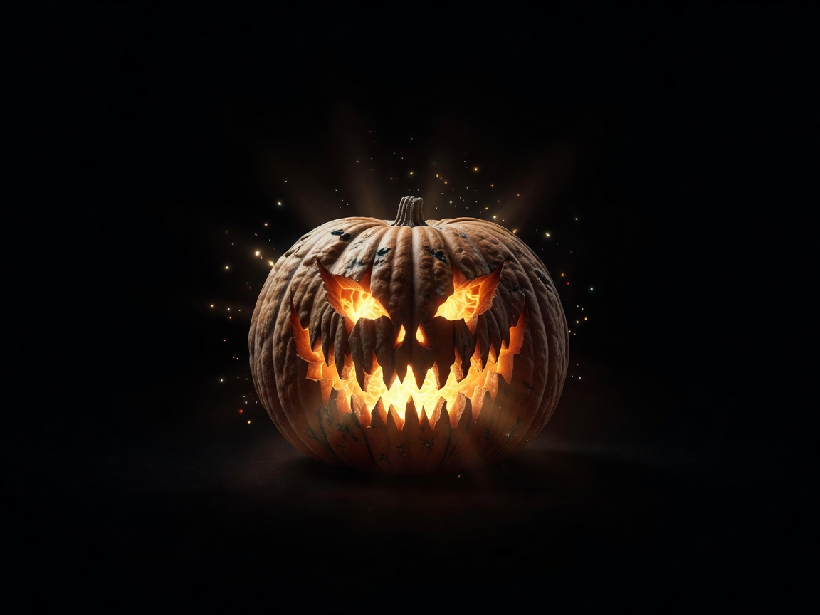 A single glowing magical pumpkin illuminated on black background with orange sparks