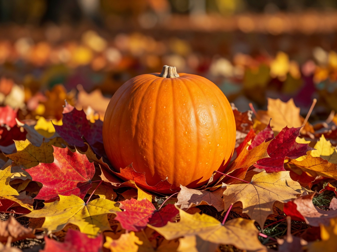 Beautiful bright orange pumpkin on fall foliage close up in a forest