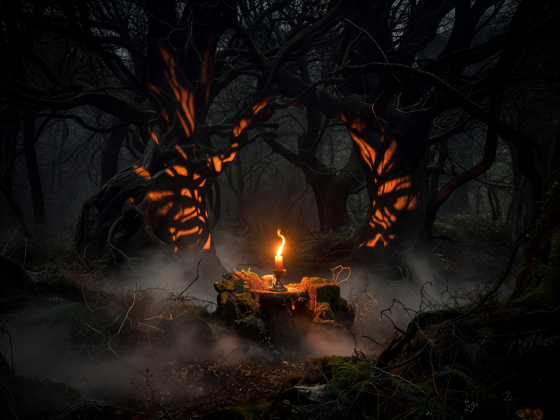 Beautiful orange candle light in dark fantasy woods with warm shadows