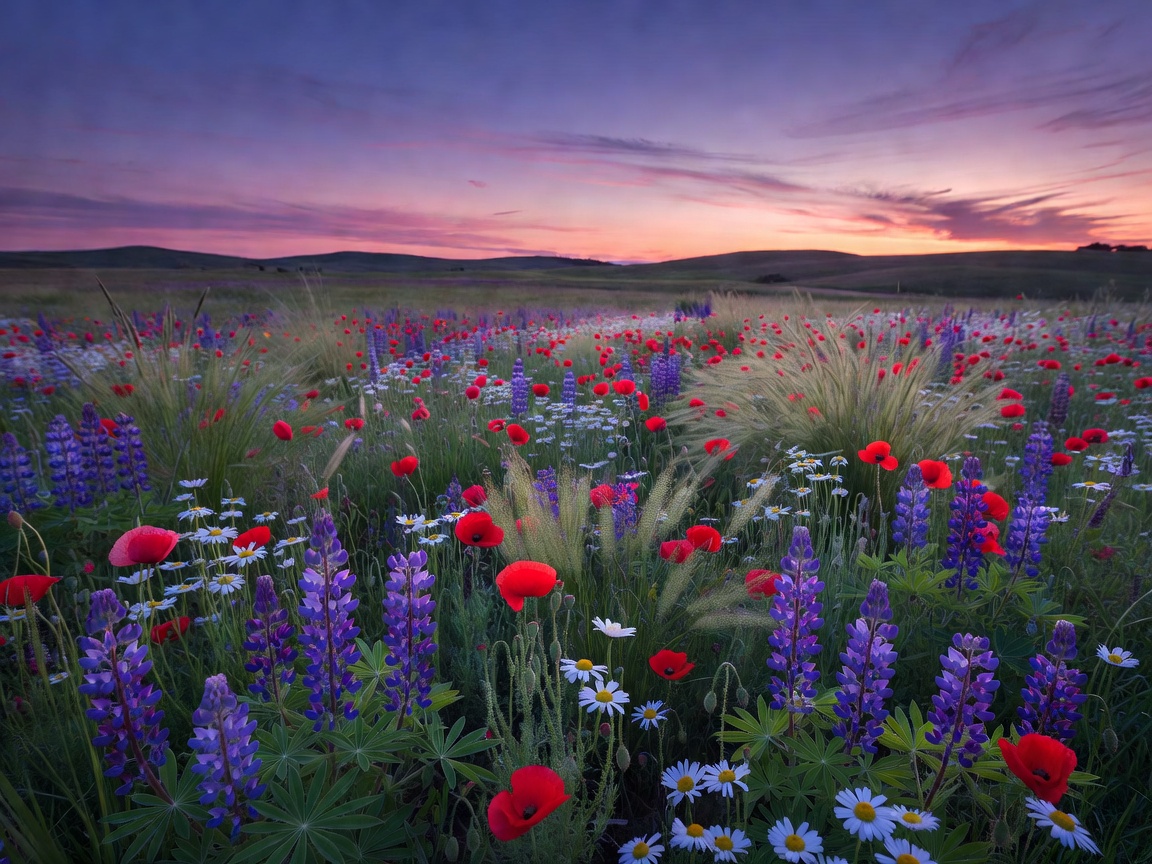 Blooming meadow at twilight with vibrant purple and green flora