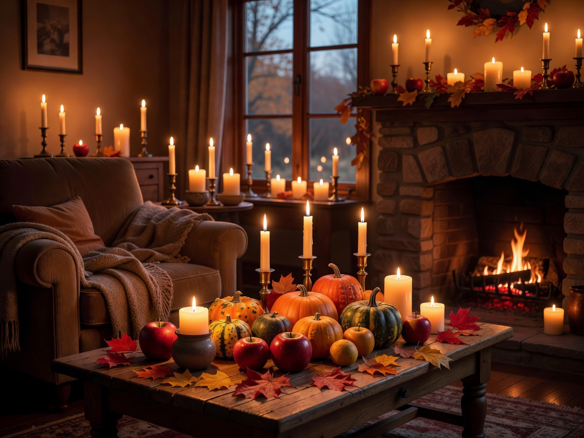 Cozy burning candles surrounding a festive autumn room with wooden furniture