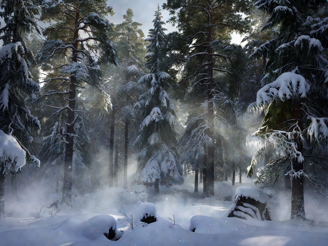 Mystical snow-laden pine forest with deep glowing winter hues