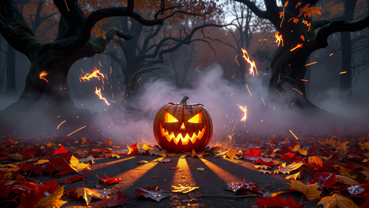 Stunning glowing jack-o-lantern surrounded by autumn mist and sparks in a deep dark forest