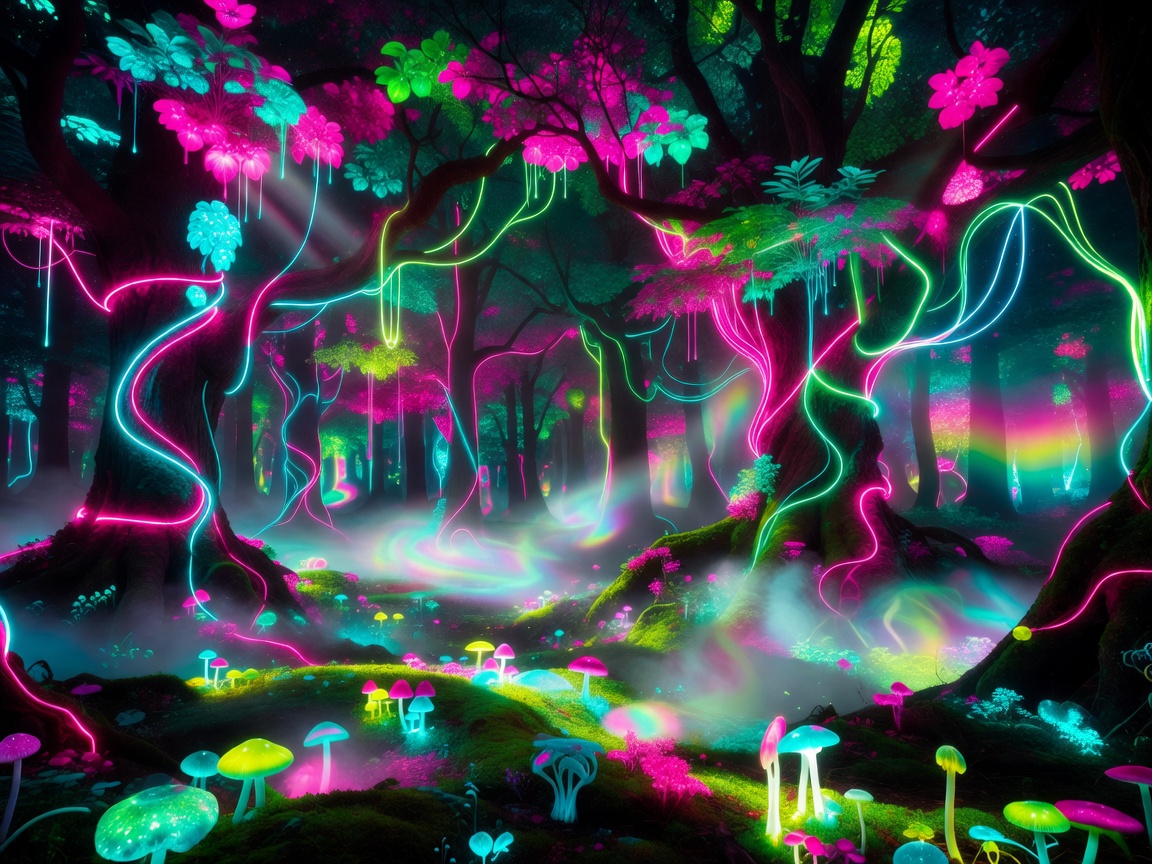 Surreal neon illuminated forest with bright pink and blue cyber lights